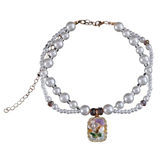 Faux Pearl Pet Collar for Dogs Cats Double-layer Beaded Necklace with Enamel Pendant for Pet Dress-up Jewelry Accessories