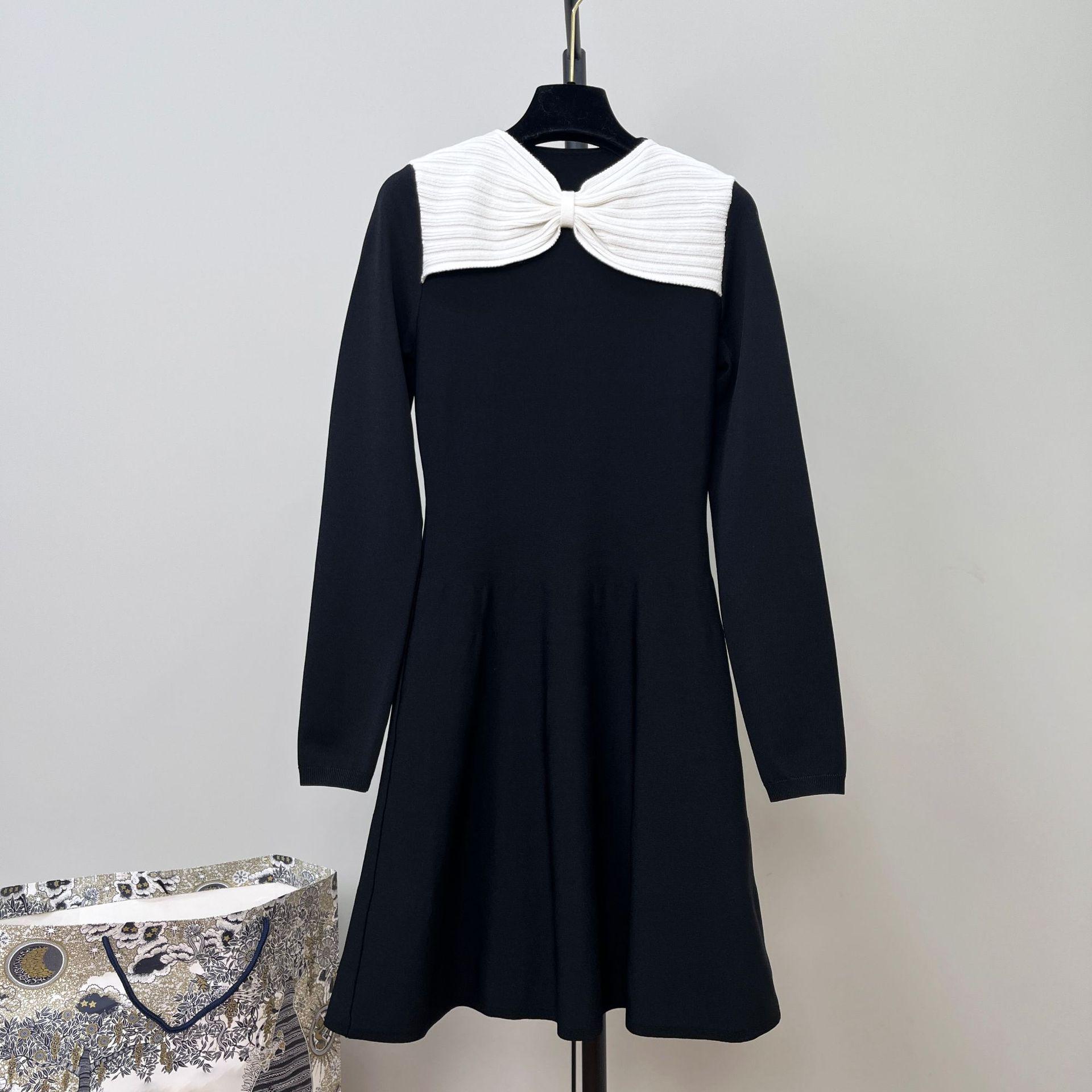 

Black & White Textured Bow Long Sleeve Cinched Waist Knit Dress - Early Spring Collection Large чёрный