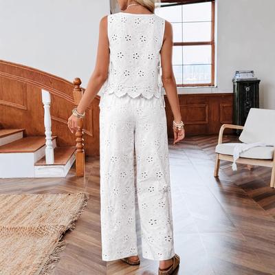 Ensemble Top Sans Manches en Dentelle Œillets et Pantalon Large Uni Tenue d'Été Décontractée pour Femme