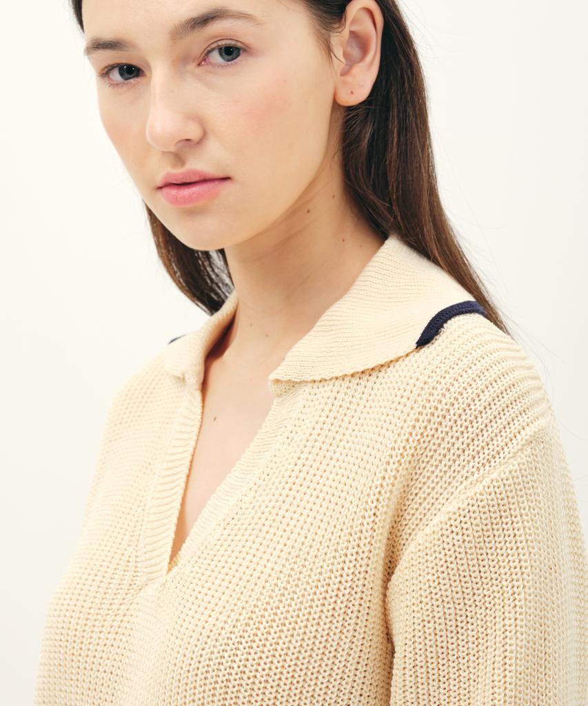 JUN BY JUN K V-Neck Collared Cotton Knit Top_Cream