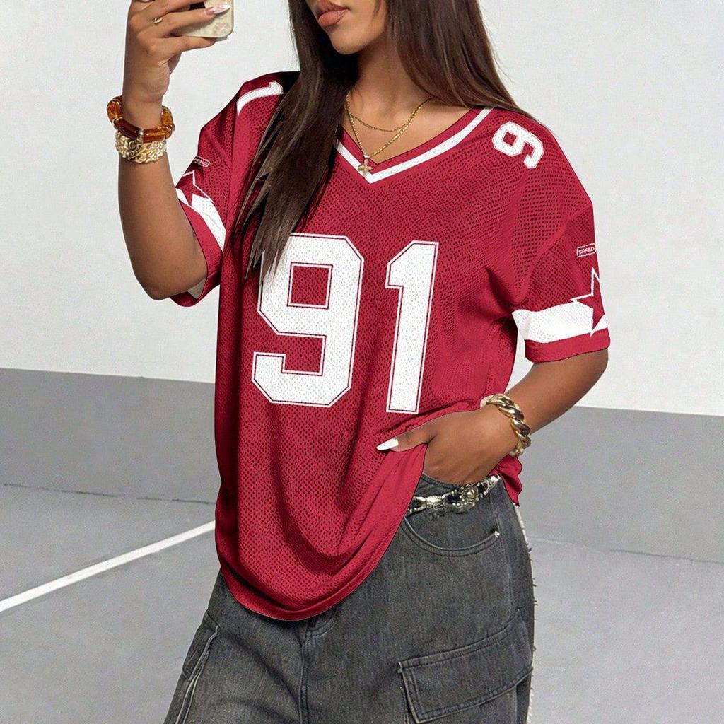 Women's Loose V-Neck Sporty Mesh T-Shirt with Digital Print