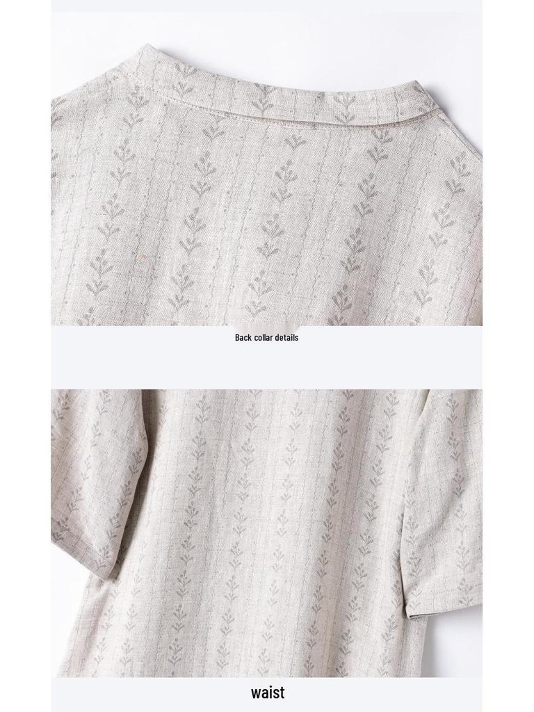 Women's Artistic Floral Print Linen Midi Dress - Summer, Loose Fit, Mid-Sleeve, Lapel Collar.