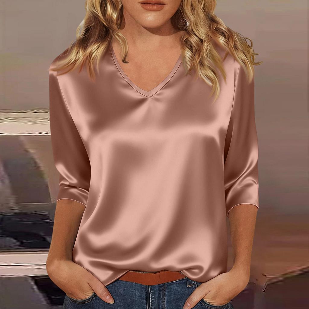 Women's V-neck Three-quarter Sleeve Satin Shirt Top, Lightweight For Spring And Summer