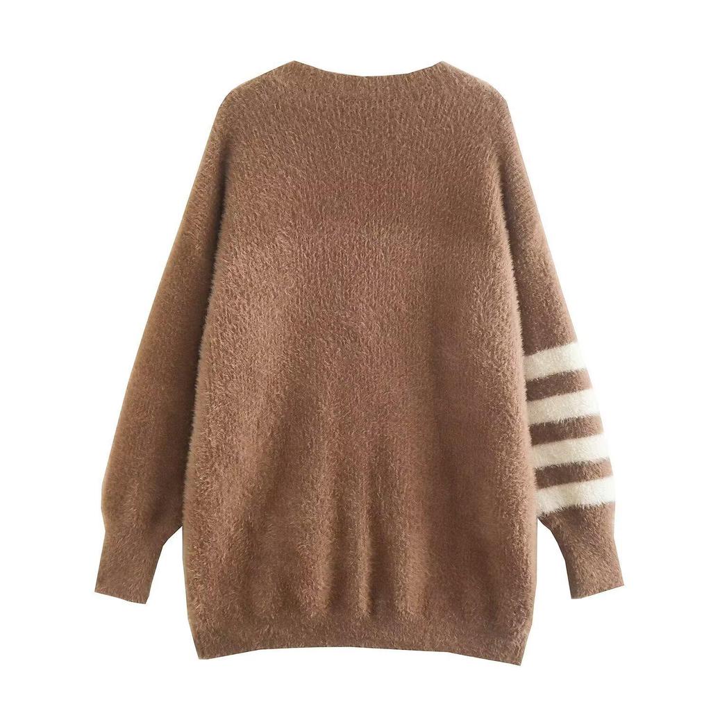 2025 Autumn Women's European & American Style Versatile Faux Mink Fur Striped Sleeve Loose Knit Cardigan