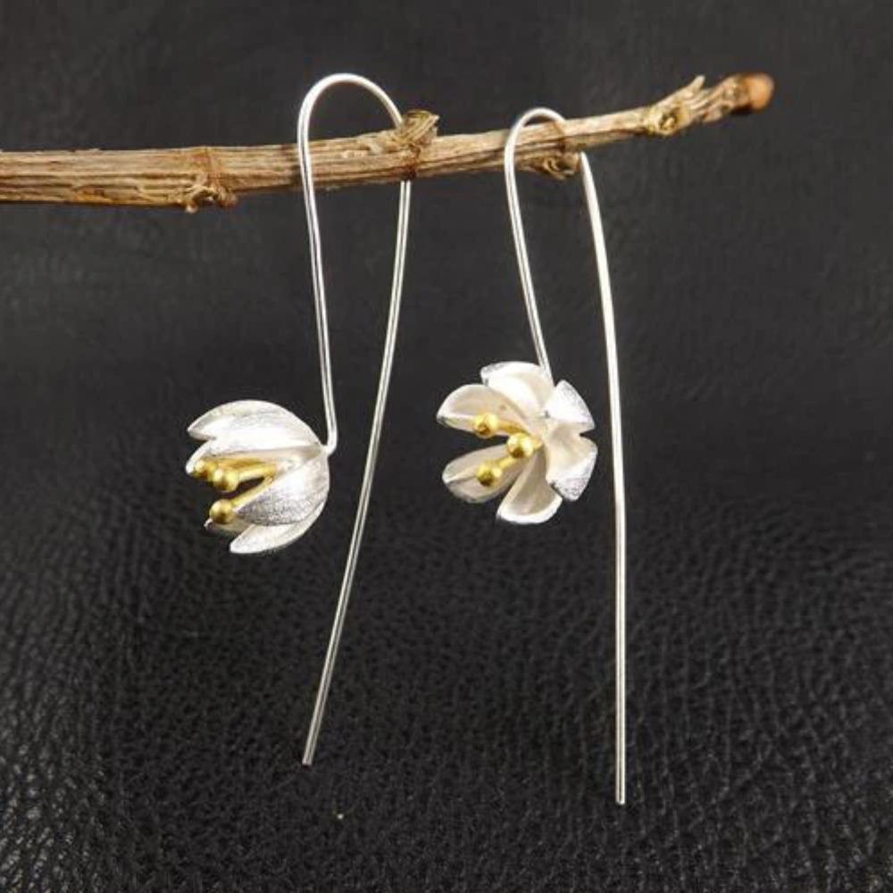 925 Silver Long Flower Earrings Elegant Lady Prevent Allergy Fashion Jewelry New Design