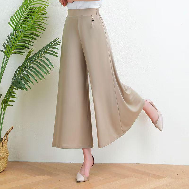 Mom's Summer Plus Size Ice Silk Wide Leg Skirt Pants - Elastic Waist Nine-Point Casual Pants for Women