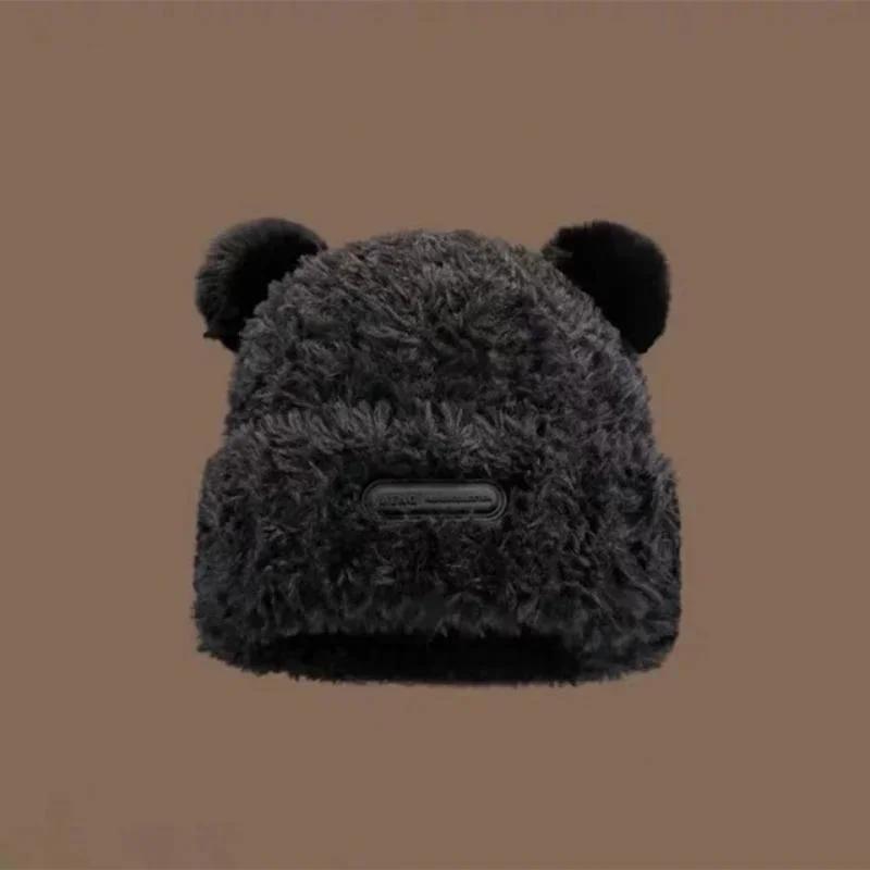 Cute Little Bear Hat Winter Thickened Big Headed Soft Glutinous Plush Hats Ear Protection Woolen Korean Warm Fluffy Fur Headgear