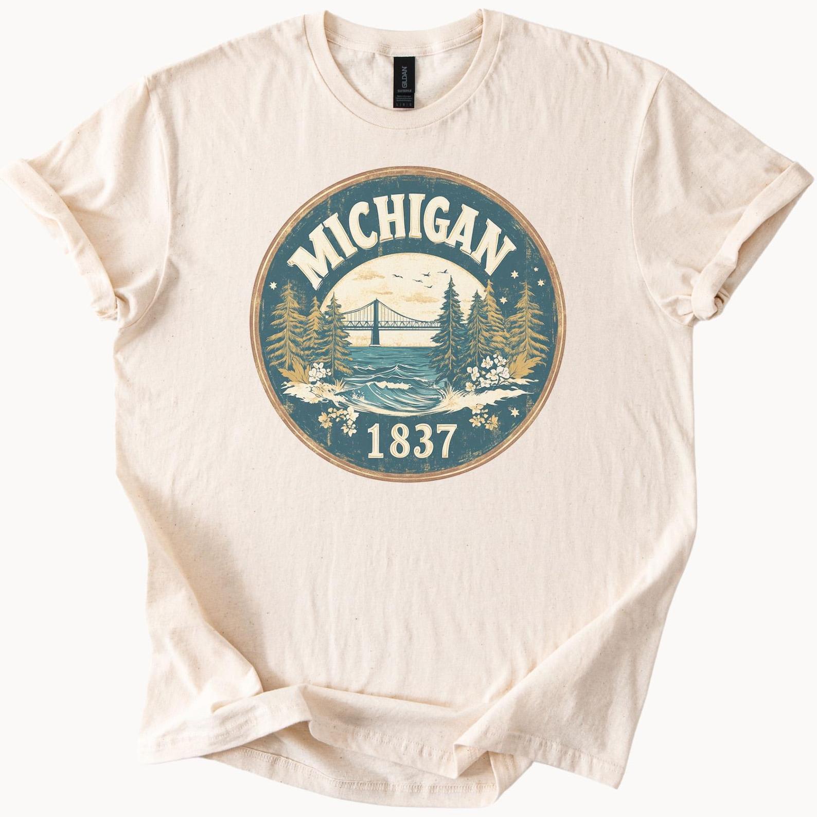 Michigan Graphic T Shirt Mackinac Bridge Forest Lake Nature Scene 1837 State Pride Apparel Gift for Outdoor Lovers Michigan Shirt 120