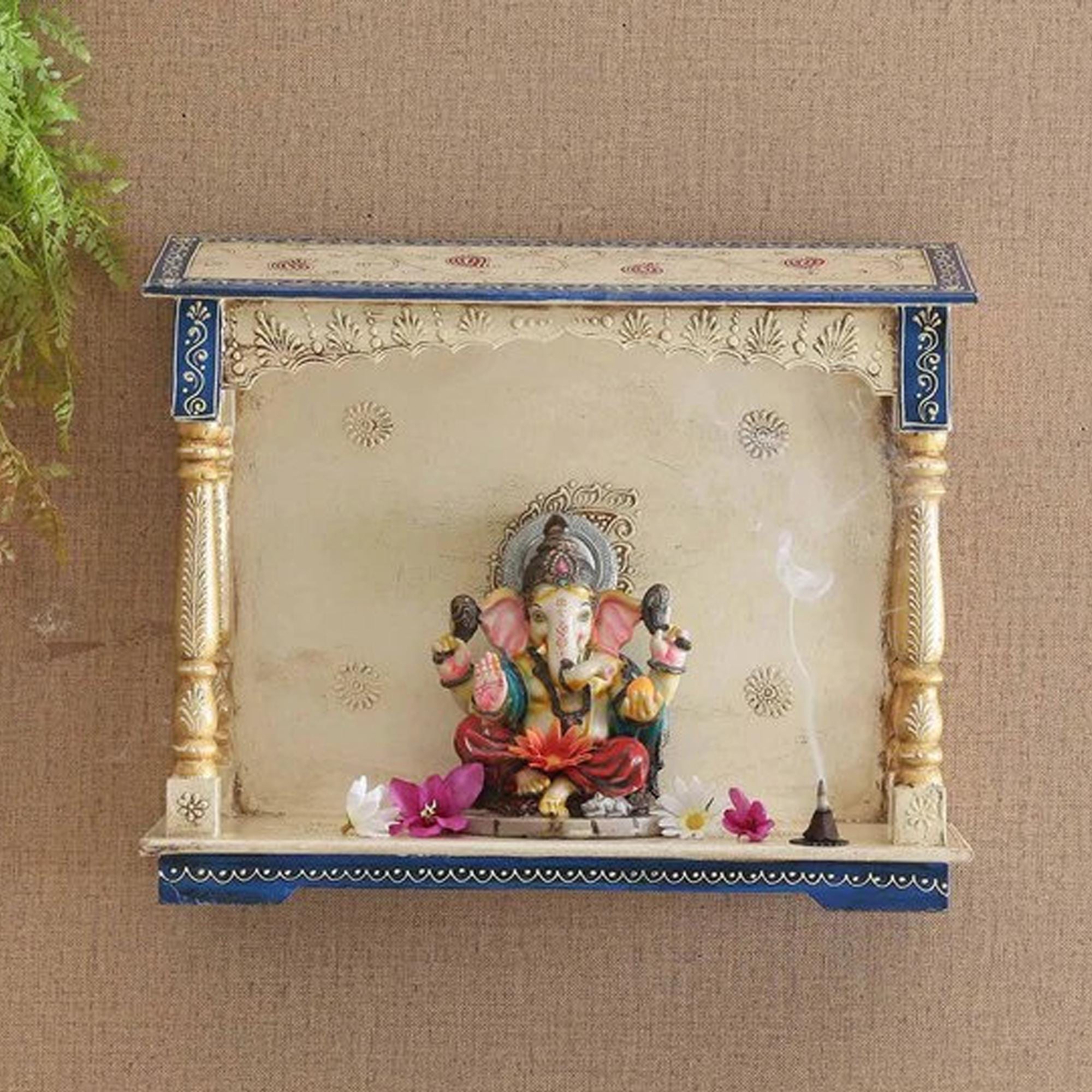 

Handmade Wood Mandir: Antique Finish Embossed Wall Shrine разноцветный