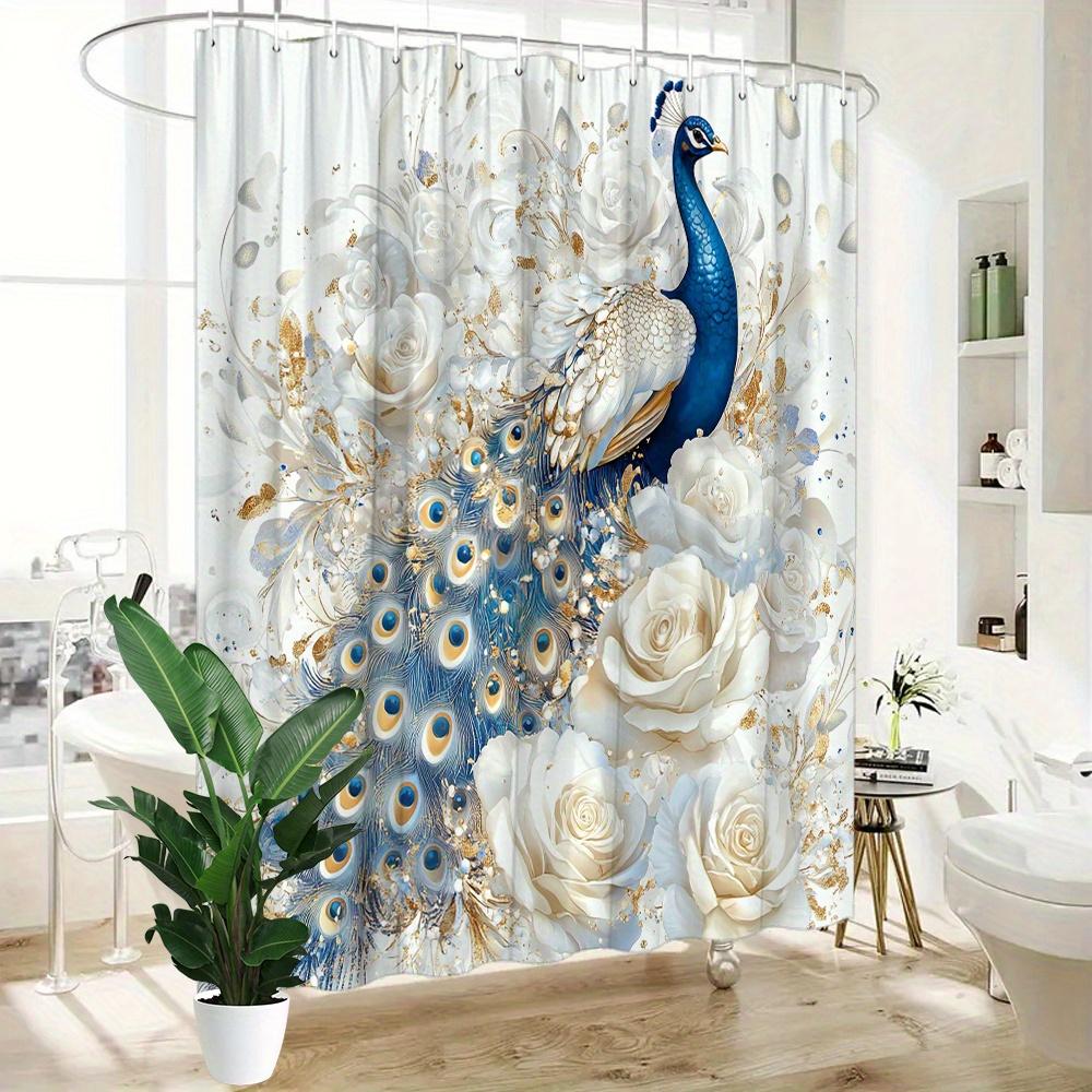 Blue Peacock With White Roses Shower Curtain 3D Artistic Design Waterproof Bath Decor Royal Luxury Bathroom Curtains