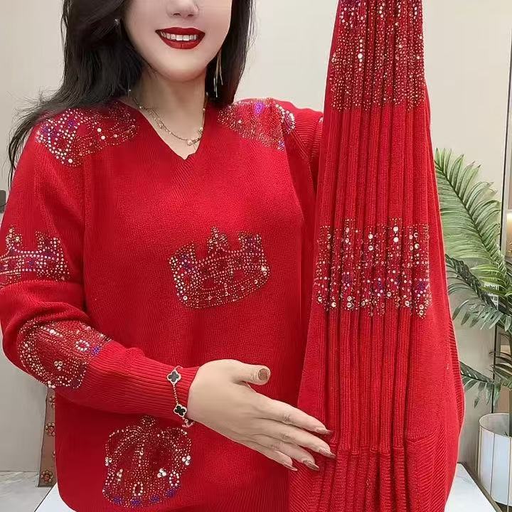 Spring Autumn Women's Plus Size Sweater Thin Loose Fit Rhinestone V-Neck Pullover Knit Top