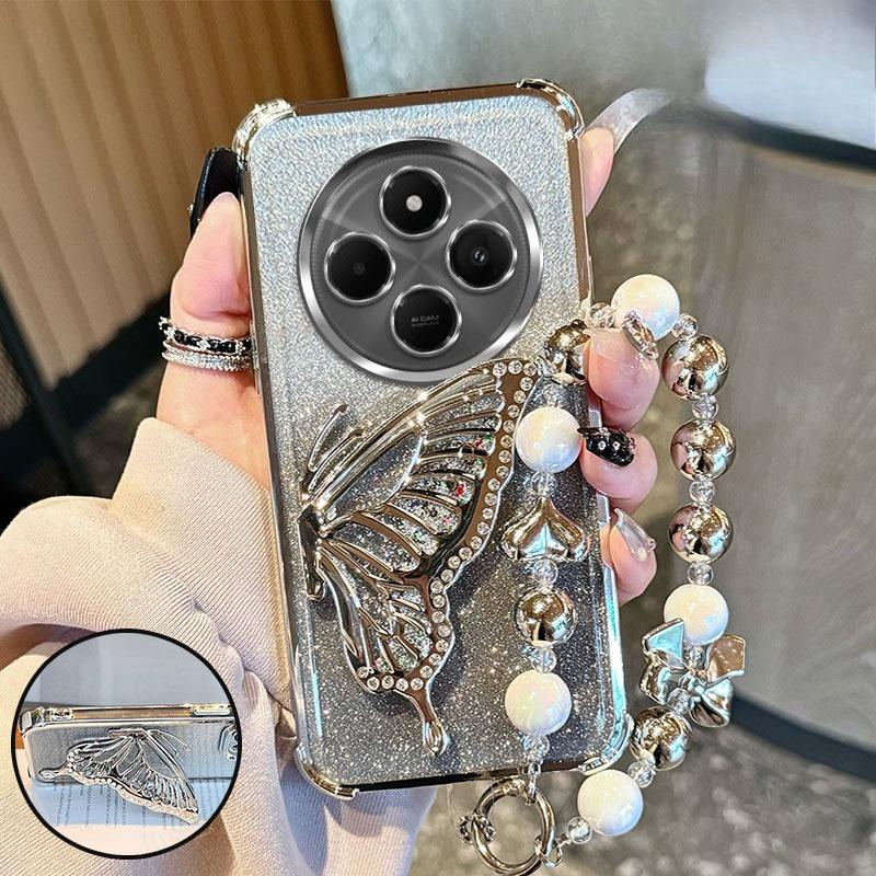 

Блестящее покрытие, чехол-браслет с бусинами-бабочками и зыбучим песком для Xiaomi Redmi 14C 14R 13C 13R 12C 12 10 10C 10A 9 9C 9A 4G 5G Redmi 9C серебряный