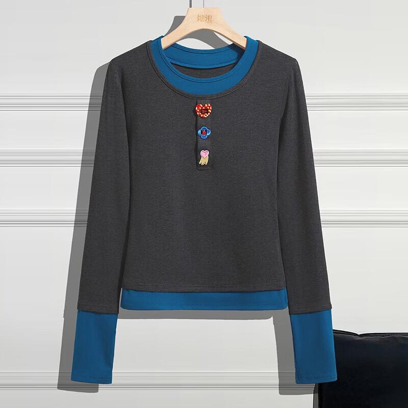 Women s Fake Two-Piece Color Block Round Neck Long Sleeve T-Shirt S