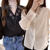 Women Shirt Lace Patchwork Stand Collar Flower Embroidery Single Breasted Long Sleeve Solid Color OL Commute Style Soft Lady Spring Fall Top Blouse