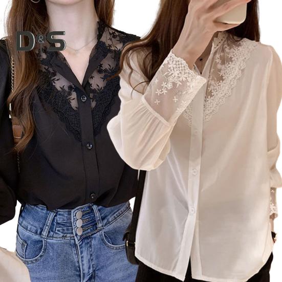 Women Shirt Lace Patchwork Stand Collar Flower Embroidery Single Breasted Long Sleeve Solid Color OL Commute Style Soft Lady Spring Fall Top Blouse