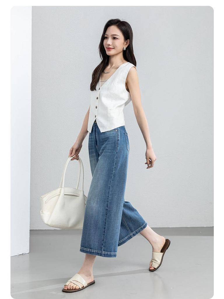 Xin Ge Women's High Waist Wide Leg Cropped Jeans - Summer Plus Size Retro Washed Loose Fit Pants