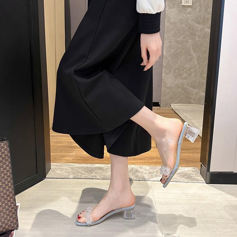 Fairy wind word with sandals girl 2025 new summer transparent cool slippers thick heel medium heel crystal high heels
