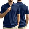 Men Solid Vertical Stripe Half Zip Turn Down Collar Short Sleeve Casual Large Size Polo T Shirt