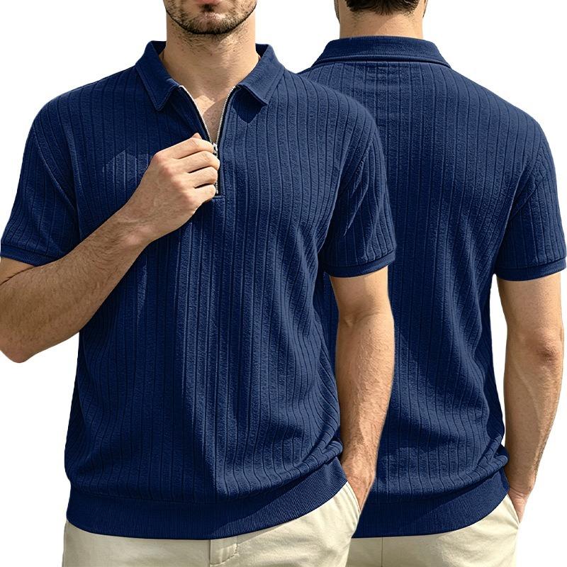 Men Solid Vertical Stripe Half Zip Turn Down Collar Short Sleeve Casual Large Size Polo T Shirt