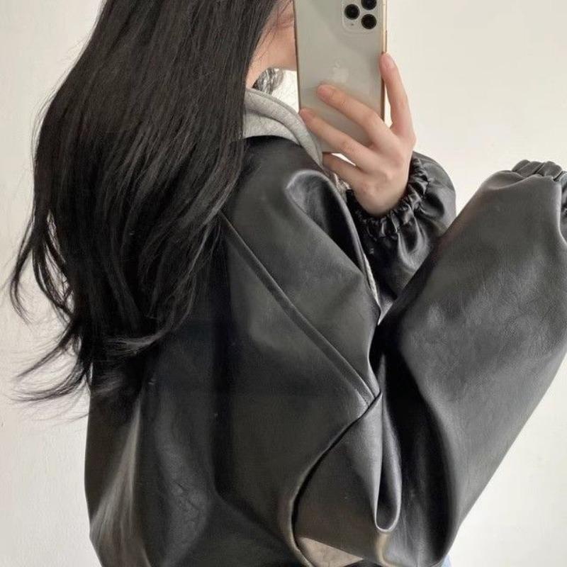 Autumn Winter Street Style Vintage Loose Casual Fashion PU Leather Coat Women Pocket Jacket Cardigan Top