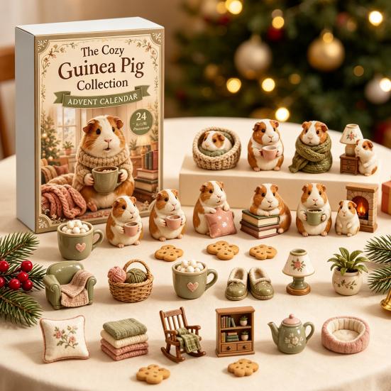 Retro Pastorale Stil Dekorations-Weihnachts-Adventskalender mit 24 Meerschweinchen, Gartenthema Niedliches Geschenk für Meerschweinchen-Liebhaber Tierfiguren, Dekorativ