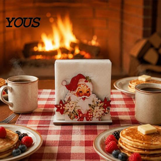 Kitchen Countertop Organizer Christmas Napkin Holder, Wooden Tissue Dispenser, Cute Santa Claus Xmas Atmosphere Decor Tree Freestanding Cocktail