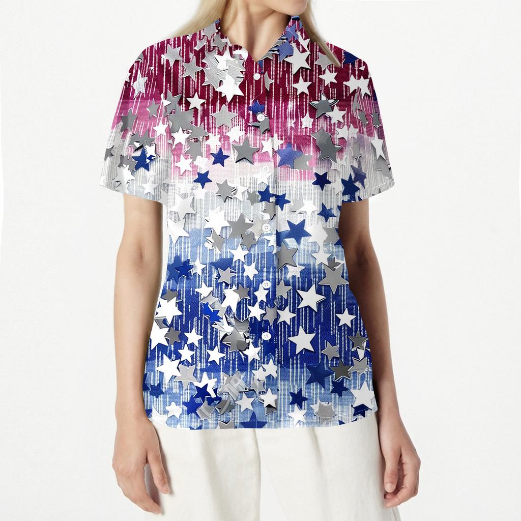 Women's Casual Short Sleeve Button Down Shirt Independent Day Star Print Collar Blouse Lightweight Summer Top
