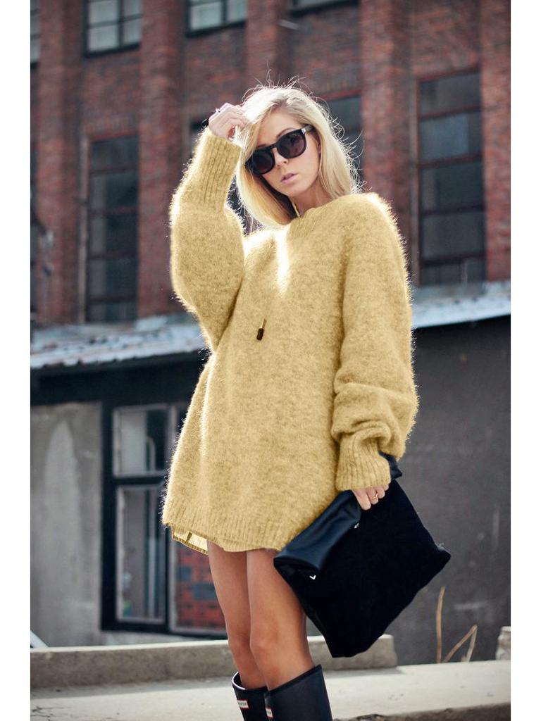 2024 Damski Sweter Dzianinowy z Długim Rękawem i Okrągłym Dekoltem w Dużych Rozmiarach