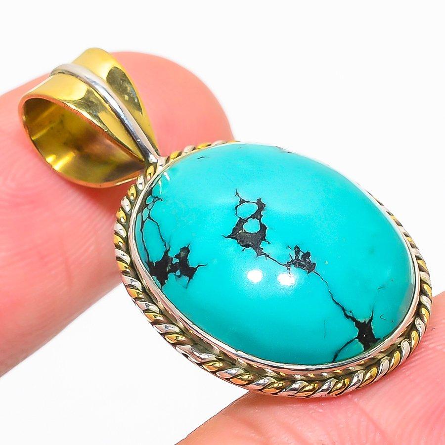 Naturalny tybetański turkus dwukolorowy 925 lite srebro próby zawieszka 1,25'' n7O17