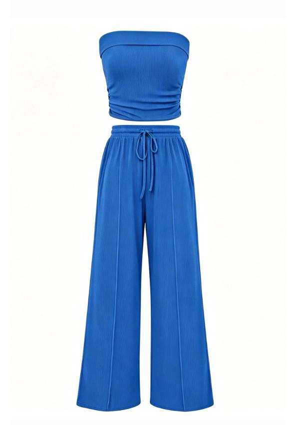 2026 European & American Fashion Casual Solid Color Bandeau Top and Pants Women's Set - Vacation Style