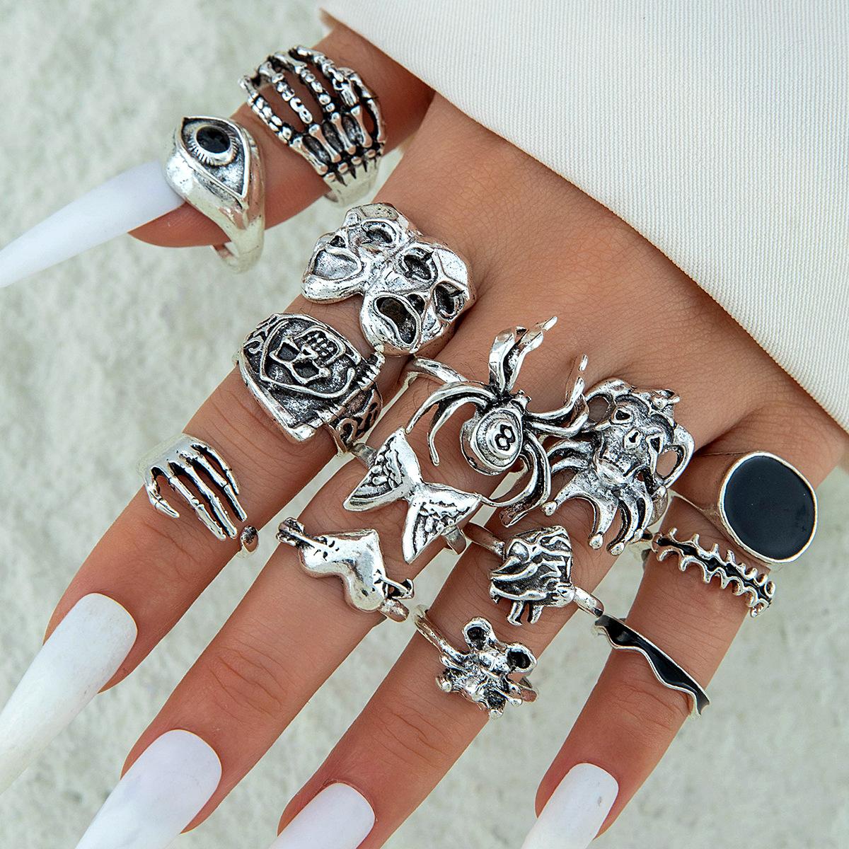 Аксессуары, темный череп паук готический ретро кольцо, креативный набор кольцевых суставов с преувеличенным дизайном