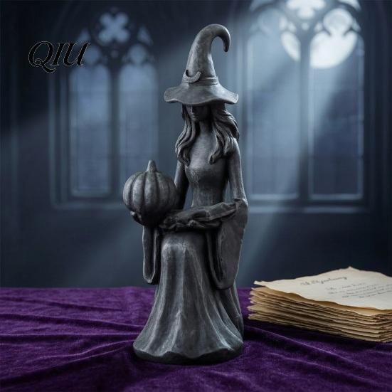 Mystical Witch Statue Halloween Statue, Gothic Figurine with Pumpkin And Book, Matte Black Home Porch Decor Sculpture, Mantel Shelf Desk Decor,