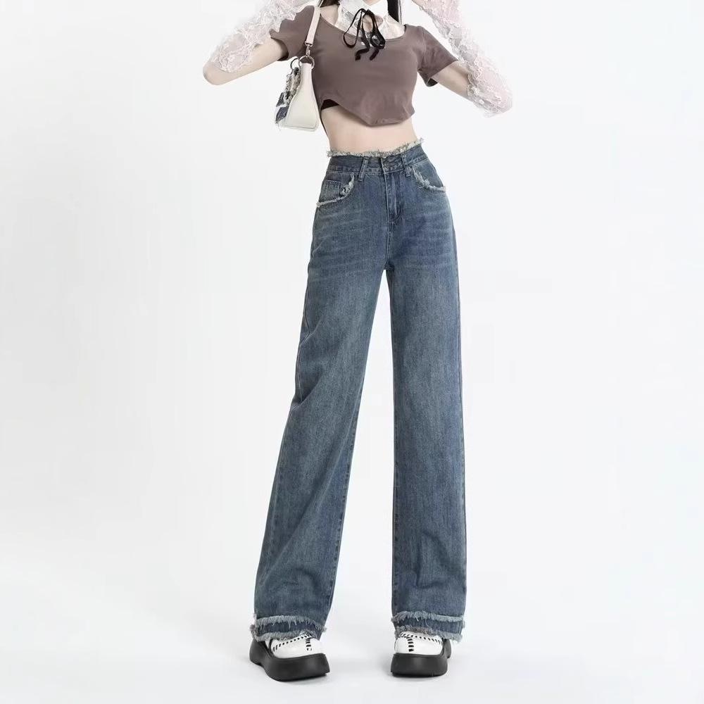 

Women s High Waist Retro Wide Leg Jeans - Spring/Summer Casual Slimming Pants L синий