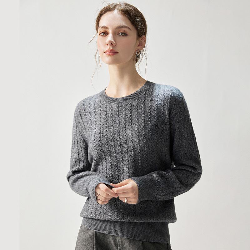Women's 2026 Autumn Cashmere Sweater - Elegant, Round Neck, Wide Rib, Slimming, Warm.