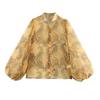 Kaslead New Women clothes Western Style Fashion Print Organza Puff sleeve Shirts