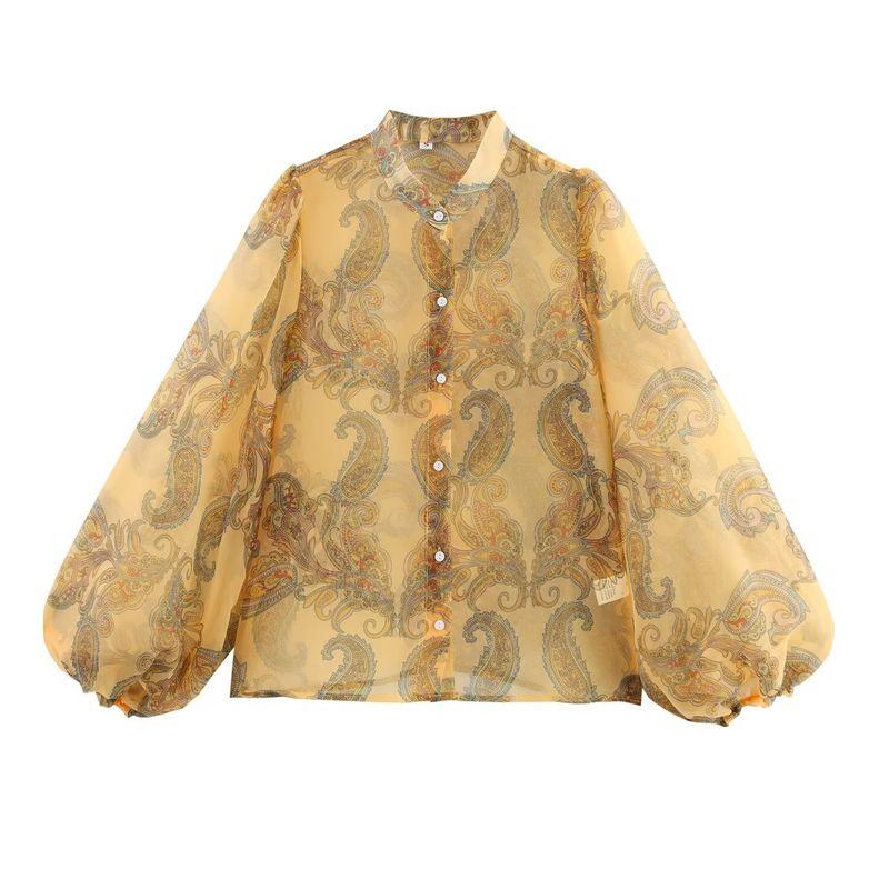 Kaslead New Women clothes Western Style Fashion Print Organza Puff sleeve Shirts