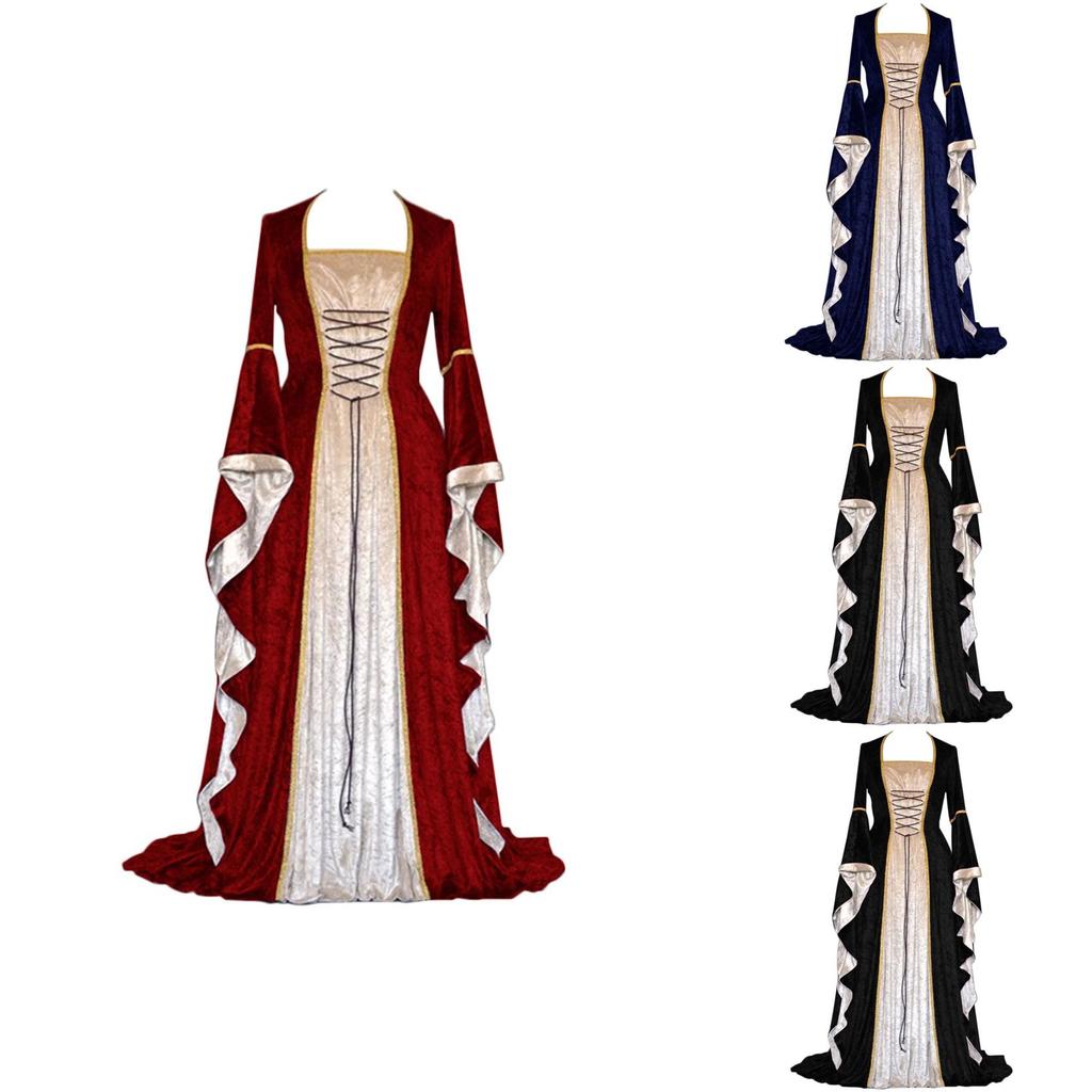 Exquisite Long Sleeve Floor Length Renaissance Dress With Ribbon Decoration For Cosplay