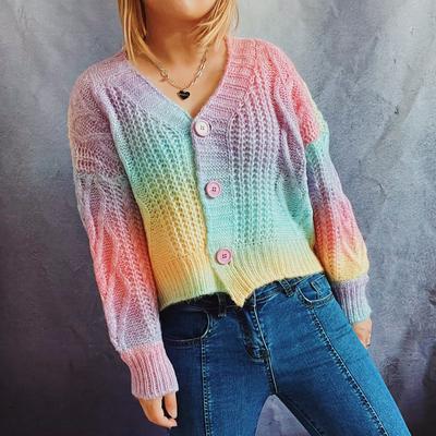 Autumn and Winter Light and Loose Rainbow Gradient Color Single Breasted V-neck Long Sleeved Sweater Cardigan for Women 3519 EMA