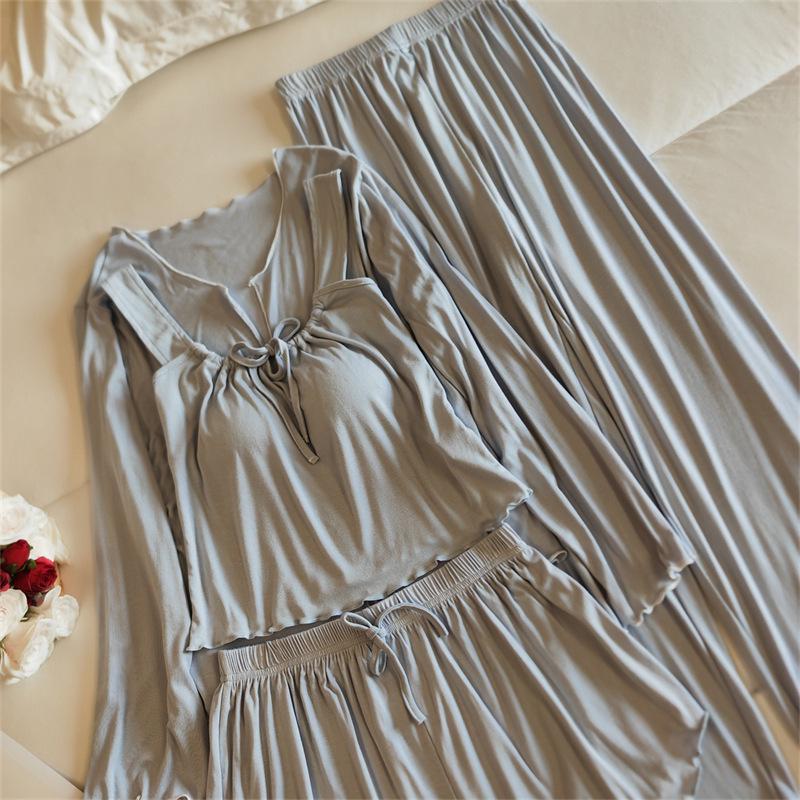 Women's Four-Piece Camisole Pajama Set with Built-in Bra, All-Season Modal Sleepwear