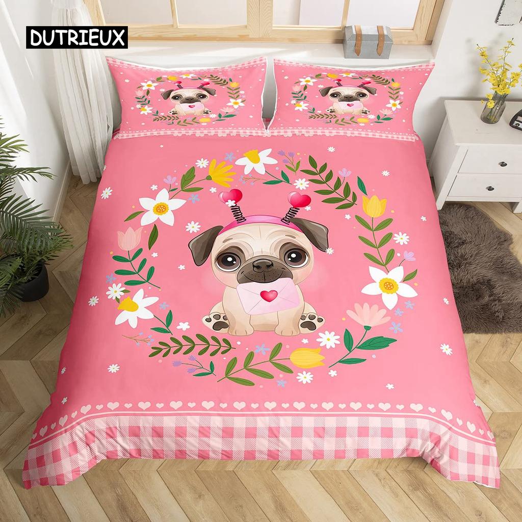 Cartoon Tier Hund Bettbezug King Size Rosa Büffel Bettdeckenbezug Floral Welpe Prinzessin Bettwäscheset Hundeliebhaber Schlafzimmerdeko