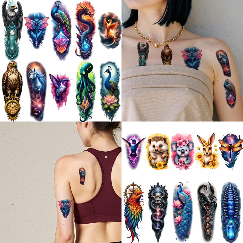 9pcs Temporary Tattoo Octopus Tattoo Colorful Realism Peacock Tattoo Eagle Tattoo Waterproof Long-lasting Body Stickers For
