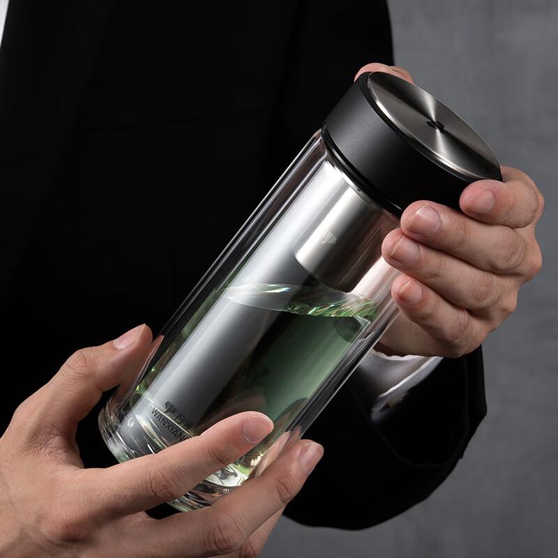 WANXIANG Double-Layer Heat-Resistant Glass Cup with Filter Mesh, Business Office Holiday Gift, Large Capacity Black-Green Portable Car Tea Cup