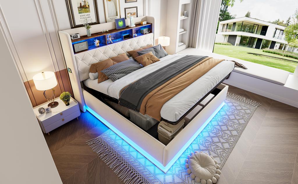 LED Gestoffeerd Bed 180 x 200 cm, Gestoffeerd Opbergbed met USB-oplaadpoort en Hydraulische Opbergruimte, Huidvriendelijke Linnen Stof, Beige