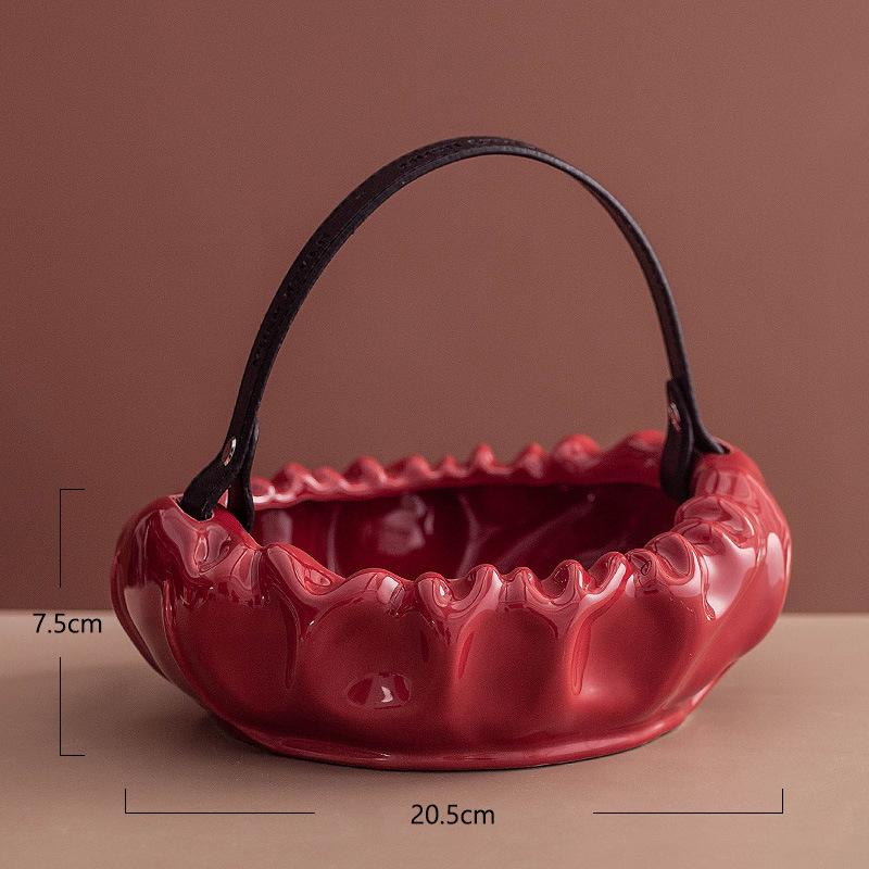 Creative Tray Red Basket Desktop Storage Container Fruit Platter Ceramic Plate Pleated Basket Home Decoration Accessories