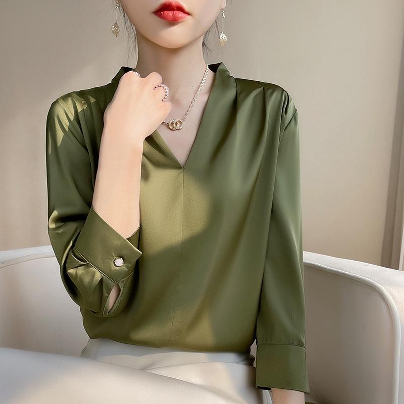 Silk Shirt for Women Spring and Summer Shirt V-neck Simple Nine Points Sleeve Temperament Versatile French Top
