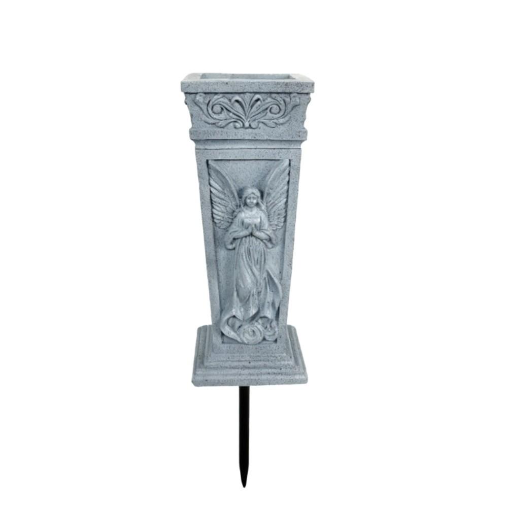 Angel Carved Cross Tomb Vase Flower Container in Weather Resistant Synthetic Resin for Outdoor Cemetery and Garden Decoration