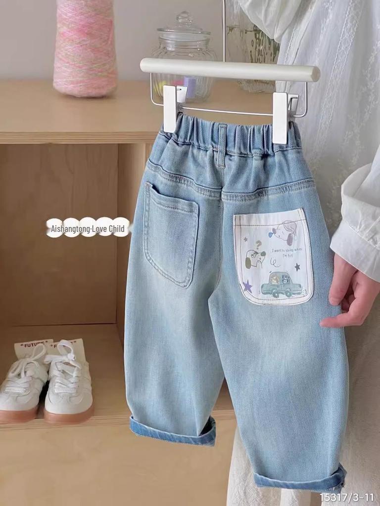 2026 Spring Kids' Graffiti Pocket Jeans: Trendy Loose-Fit, Korean Style for Boys and Girls