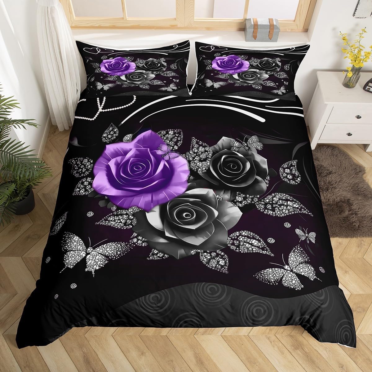 

Romantic Duvet Cover Microfiber Rose Floral Quilt Cover 3D Love Heart Bedding Set King For Girls Couple Wedding Valentine Gifts EU Single(135x200cm)