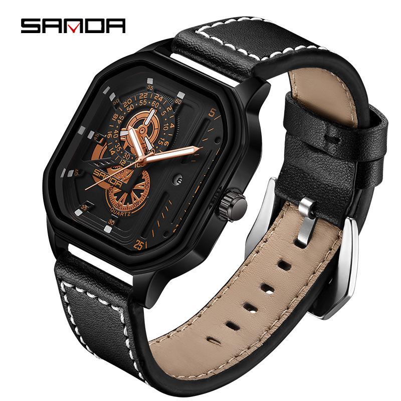 Sanda Men s Luminous Black Technology Quartz Watch with Creative Square Belt
