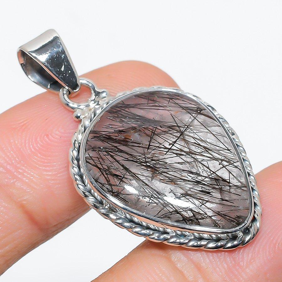 Natural Black Rutile Gemstone 925 Solid Sterling Silver Gift Pendant 1.50" C2a13